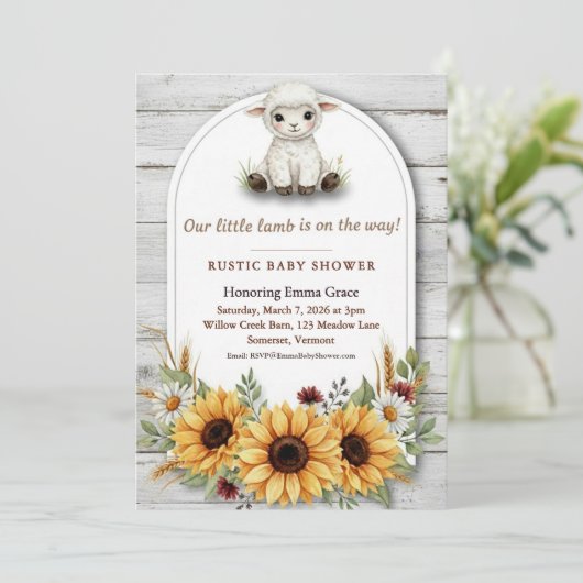 Little Lamb Sunflower Rustic Baby Shower 招待状 (スタンド正面)