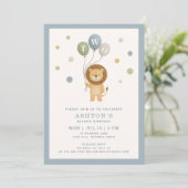 Little Lion & Confetti、青いフレームの男の子の誕生日 招待状 (スタンド正面)