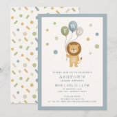Little Lion & Confetti、青いフレームの男の子の誕生日 招待状 (正面/裏面)