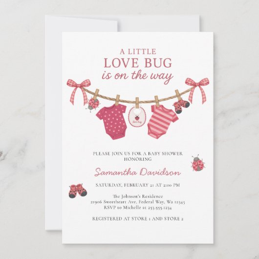 Little Love Bug Clothesline Baby Shower 招待状 (正面)