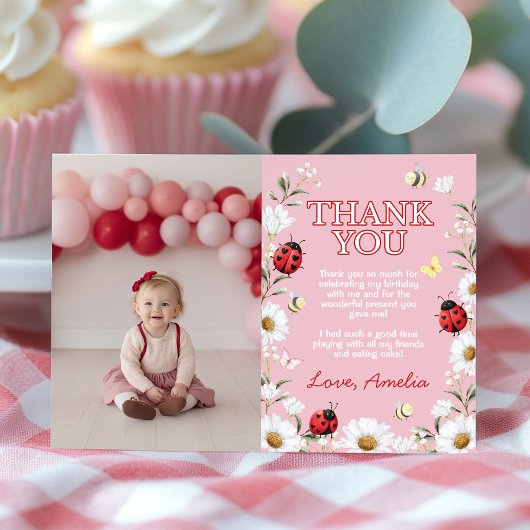 Little Love Bug Daisy Floral Birthday Party Photo サンキューカード