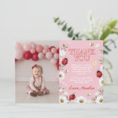 Little Love Bug Daisy Floral Birthday Party Photo サンキューカード (スタンド正面)