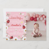 Little Love Bug Daisy Floral Birthday Photo Invite サンキューカード (正面)