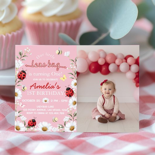 Little Love Bug Daisy Floral Birthday Photo Invite サンキューカード