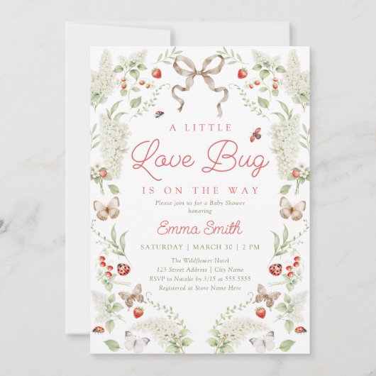 Little Love Bug Floral Bow Baby Shower Invitation 招待状 (正面)