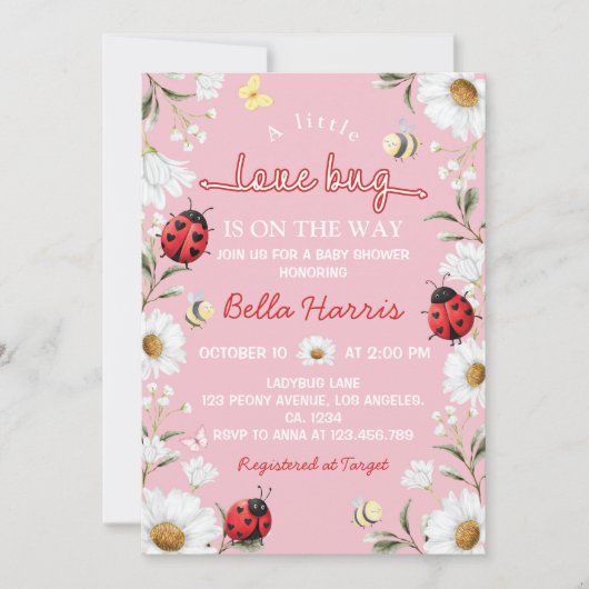 Little Love Bug Ladybug Daisy Baby Shower 招待状 (正面)