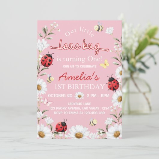 Little Love Bug Ladybug Daisy Birthday Party 招待状 (スタンド正面)