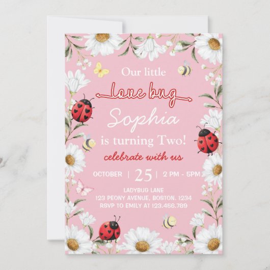 Little Love Bug Ladybug Daisy Floral Birthday 招待状 (正面)