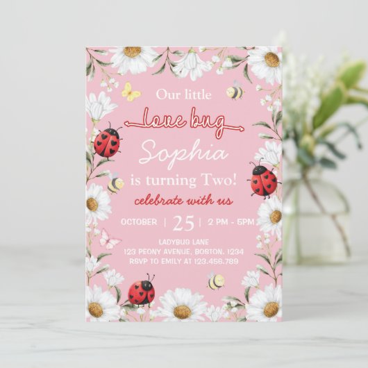 Little Love Bug Ladybug Daisy Floral Birthday 招待状 (スタンド正面)