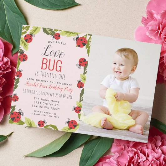 Little Love Bug Ladybug Kids 1st Birthday Photo In 招待状
