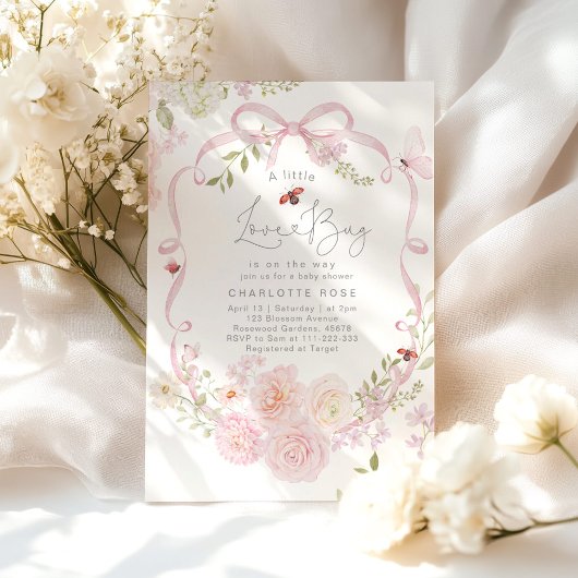 Little Love Bug Pink Bow Baby Shower 招待状