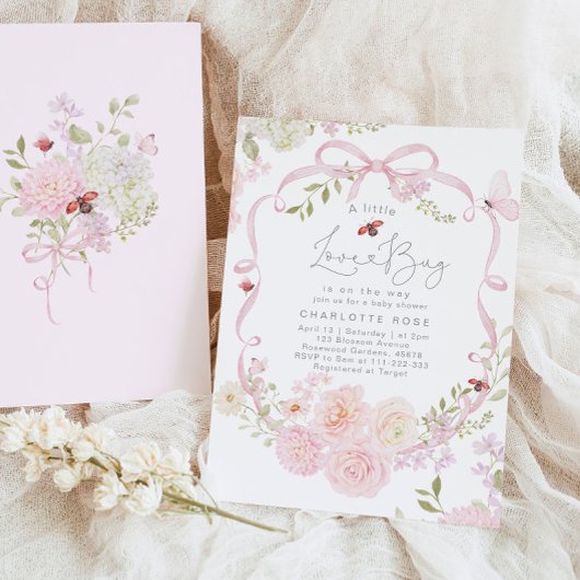 Little Love Bug Pink Bow Baby Shower 招待状
