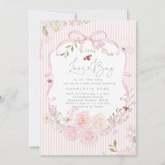 Little Love Bug Pink Bow Stripes Baby Shower 招待状 (正面)