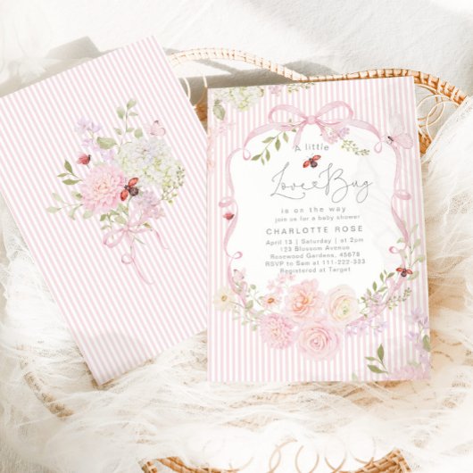 Little Love Bug Pink Bow Stripes Baby Shower 招待状