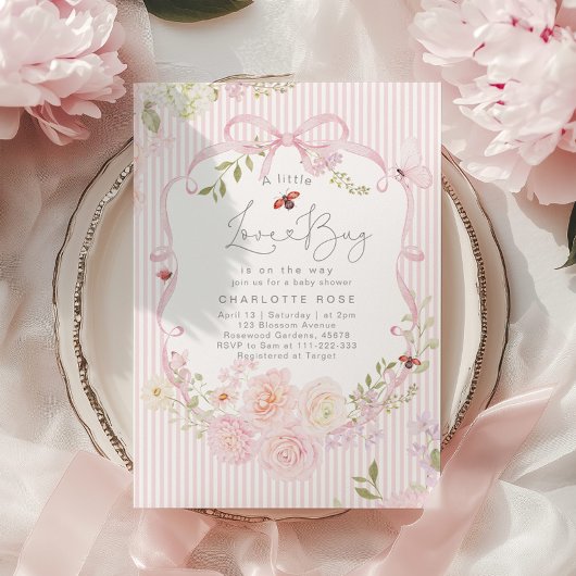 Little Love Bug Pink Bow Stripes Baby Shower 招待状