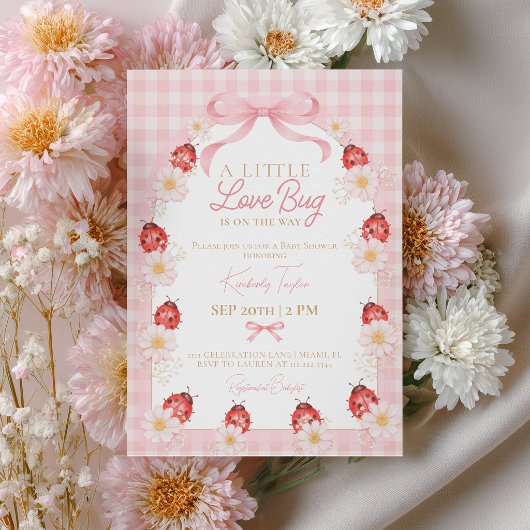 Little Love Bug Pink Gingham Girl Baby Shower 招待状