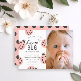 Little Love Bug Pink Ladybug 1st Birthday Photo 招待状