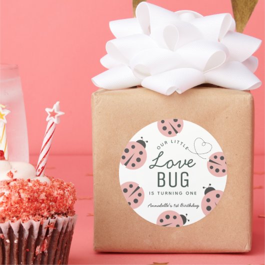 Little Love Bug Pink Ladybug Birthday ラウンドシール (パーティー)