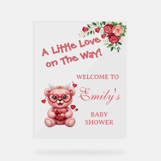 Little Love On The Way! ピンクのベビーシャワー アクリルサイン (正面)