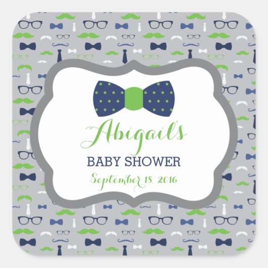 Little Man Baby Showerステッカー、青、緑、灰色 スクエアシール (正面)