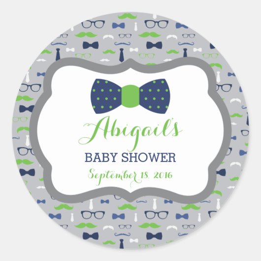 Little Man Baby Showerステッカー、青、緑、灰色 ラウンドシール (正面)