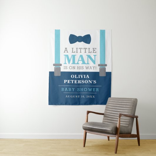 Little Man Baby Shower Backdrop, Navy, Baby Blue タペストリー (インサイチュ)