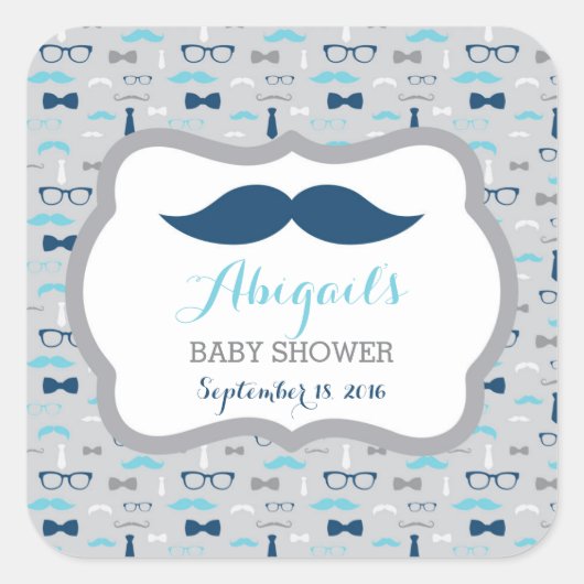 Little Man Baby Shower Sticker, Baby Blue, Navy スクエアシール (正面)