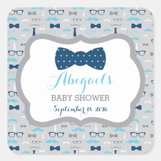 Little Man Baby Shower Sticker, Baby Blue, Navy スクエアシール (正面)