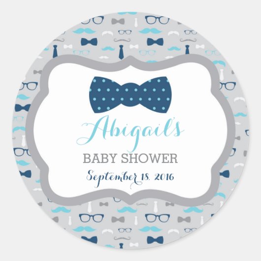 Little Man Baby Shower Sticker, Baby Blue, Navy ラウンドシール (正面)