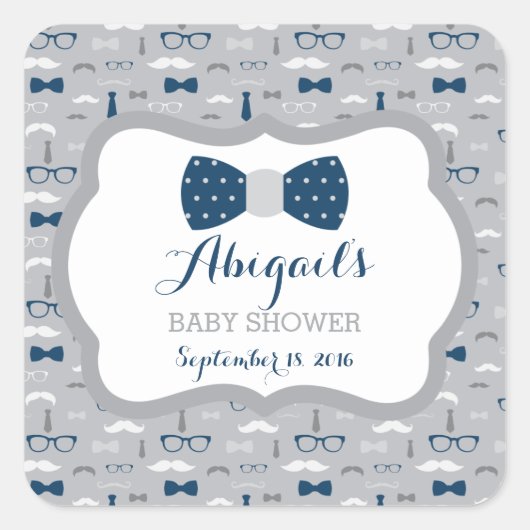 Little Man Baby Shower Sticker, Navy Blue, Gray スクエアシール (正面)