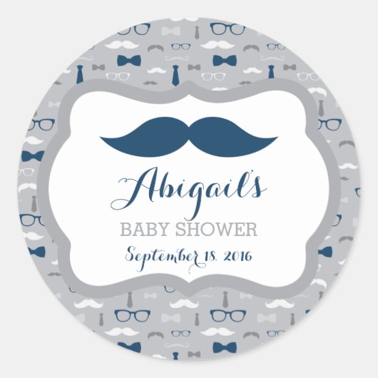 Little Man Baby Shower Sticker, Navy Blue, Gray ラウンドシール (正面)