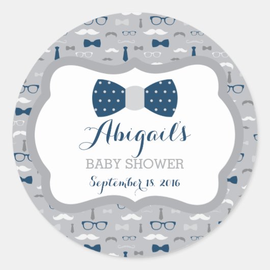 Little Man Baby Shower Sticker, Navy Blue, Gray ラウンドシール (正面)