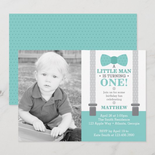 Little Man Birthday Party Invitation with Photo 招待状 (正面/裏面)
