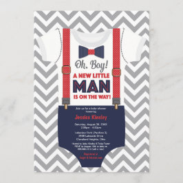 Little Man Boy Baby Shower, Navy Blue and Red 招待状