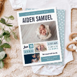 Little Man Photo Collage Birth Announcement 案内状<br><div class="desc">カスタム手頃ベビー誕生発表写真カードこのミニマルモダンリストデザインは、背景色を任意の色に変更することによって可能な青い色のブロックとカスタマイズの3つのフォトコラージレイアウトを備えている。ベビーの名前と誕生の統計と写真でパーソナライズ。裏面には可愛い手書きパターンが施されているか、宇宙を使用して必要な写真や文字を追加もしする。カスタマイズカスタマイズクリックユニーク、どのような背景の色を選択し、より多くの写真と文字のフォントと色を追加して、あなたのベビーの誕生の発表の一種を作成します。</div>