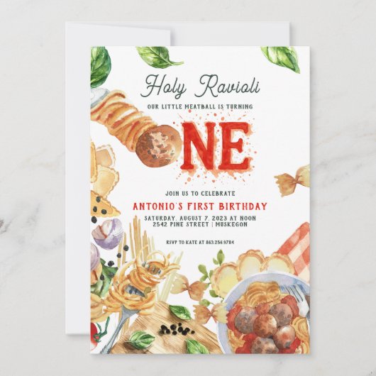 Little Meatball | Holy Ravioli First Birthday 招待状 (正面)