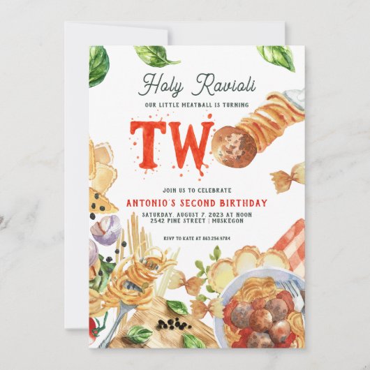 Little Meatball | Holy Ravioli Second Birthday 招待状 (正面)