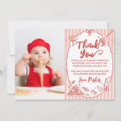 Little Meatball Pasta Birthday Party Photo サンキューカード (正面)