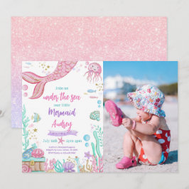 Little Mermaid 1st Birthday Photo 招待状