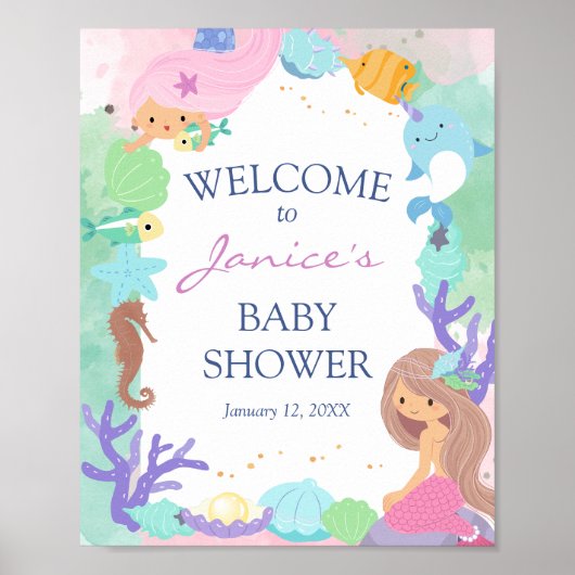 Little Mermaid Baby Shower Welcome Sign Poster ポスター (正面)