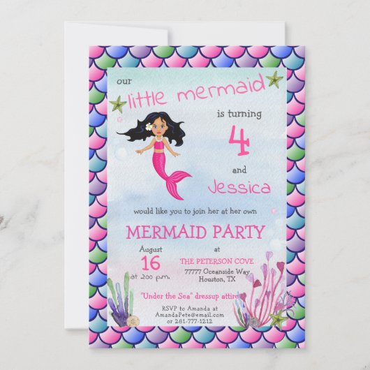 Little Mermaid Pink Blue Birthday Party招待 招待状 (正面)