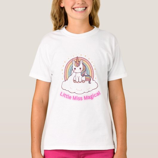 Little Miss Magical Cute Unicorn Rainbow Cloud Tシャツ (正面)