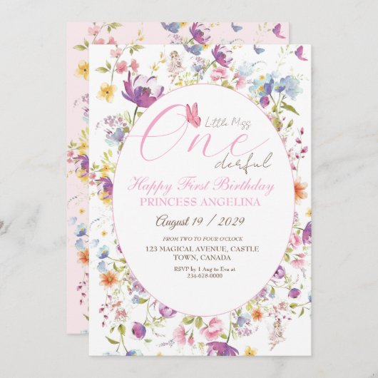 Little Miss One derful floral 1st Birthday Party 招待状 (正面/裏面)