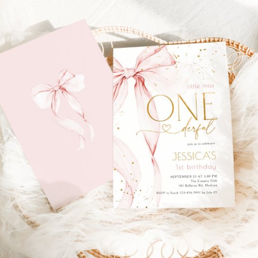 Little Miss ONEderful 1st Birthday Pink Bow 招待状