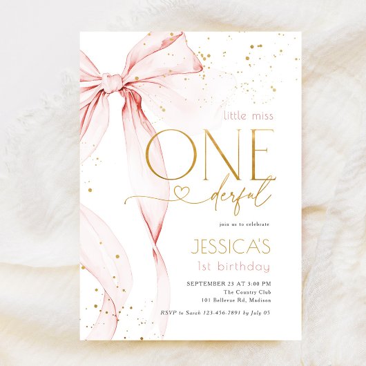 Little Miss ONEderful 1st Birthday Pink Bow 招待状