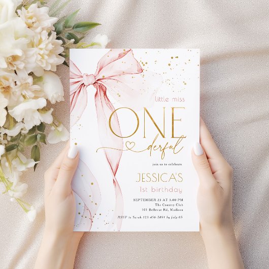 Little Miss ONEderful 1st Birthday Pink Bow 招待状