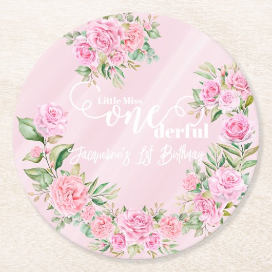 Little Miss ONEderful 1st First Birthday ラウンドペーパーコースター (正面)