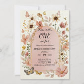 Little Miss ONEderful Pink Floral 1st Birthday 招待状 (正面)