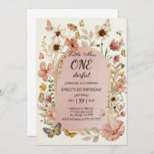 Little Miss ONEderful Pink Floral 1st Birthday 招待状 (正面/裏面)