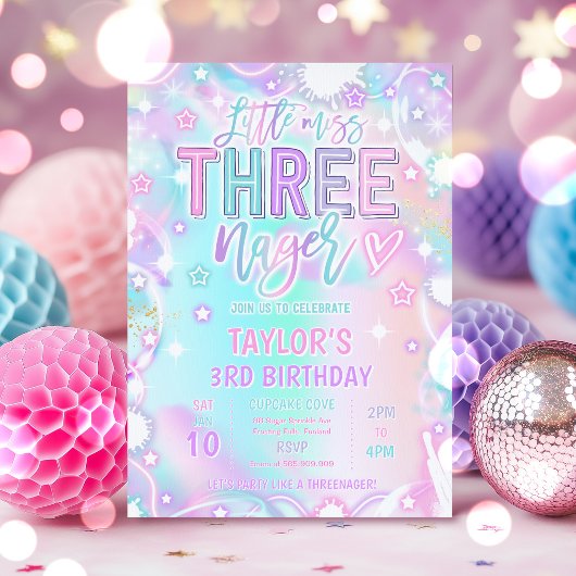 Little Miss Three-nage Pastel Rainbow 3rd Birthday 招待状